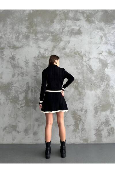 ZF BUTİK Γυναικείο Σετ Πλεκτό με Κουμπιά Πόλο Λαιμόκοψη και Φούστα