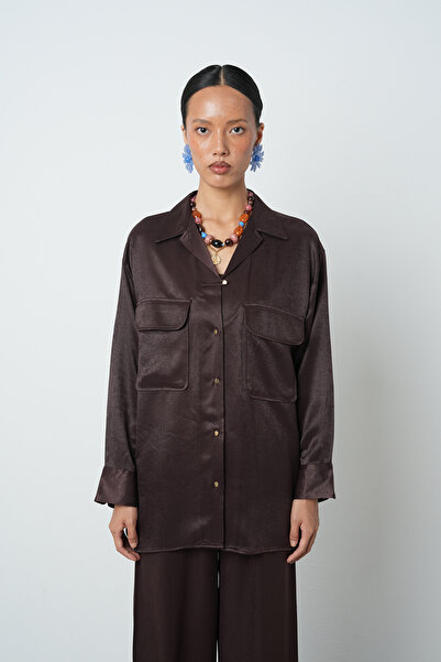 Orfeo Negro Women's Solid Color Double Pocket Gold Button Detailed Shirt