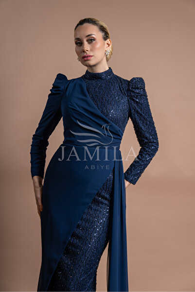 Lovely Dress Payetli Drapeli Uzun Kollu Abiye Elbise