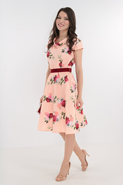 Vanessa Line RO Ροζ φόρεμα από ταφτά με φούξια τριαντάφυλλα