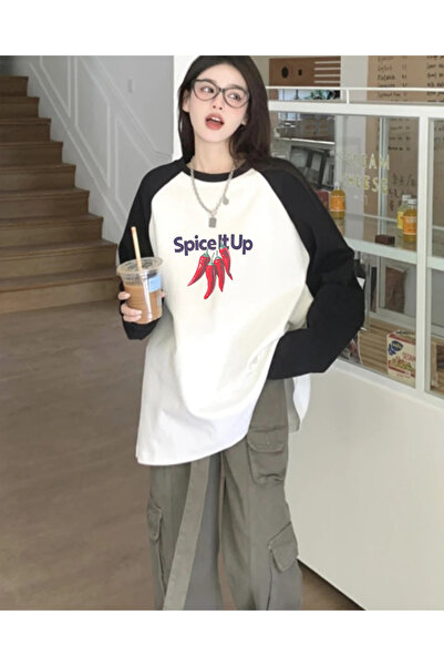 Touz Moda Pinterest Design Raglan Long Sleeve Printed White T-Shirt