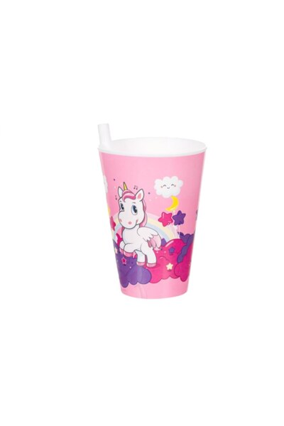 SOHO Pahar cu pai nedetasabil, plastic, 400 ml, personaj Unicorn, Roz