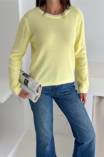 FEMELLE Yellow Women's Basic Textured Knit Sweater Standard Size Long Sleeve Crew Neck