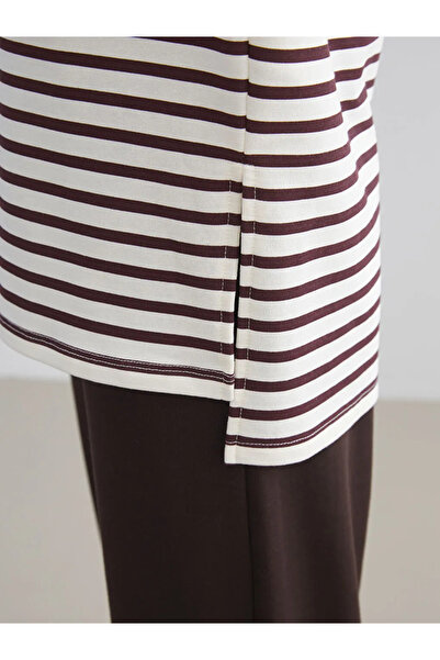 LC Waikiki LCW Modest Mürdüm Bisiklet Yaka Çizgili Kadın Sweatshirt Tunik