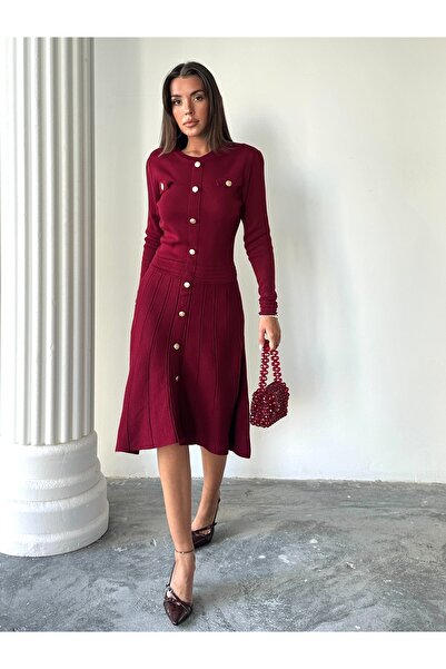 Lusin Kadın Bordo Şık Gold Düğme Detaylı Zarif Uzun Kol Triko Elbise