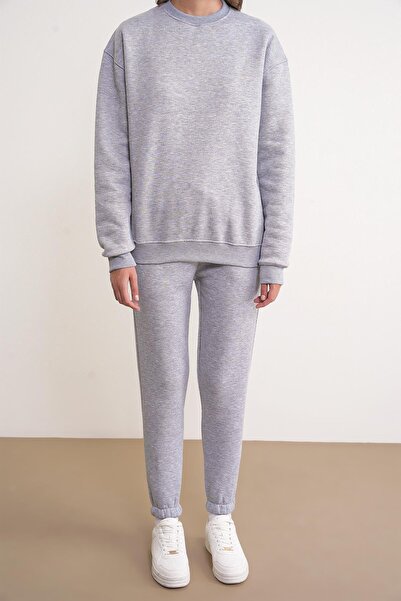 Mixray 2024 Women's 100% Cotton 3 Thread Fleece Inside Top and Bottom Set Gray