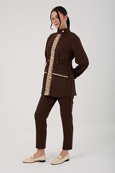 Jupe Kadın İpek Scuba Leopar Garnili İkili Takım 8570