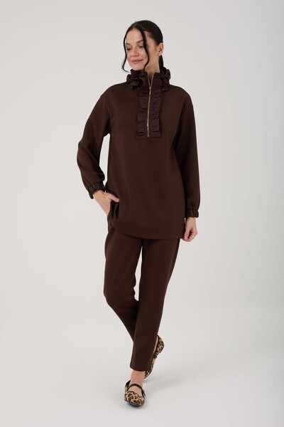 Jupe Kadın Kumaş İşlemeli Yaka Yarım Fermuarlı İpek Scuba İkili Takım 8567