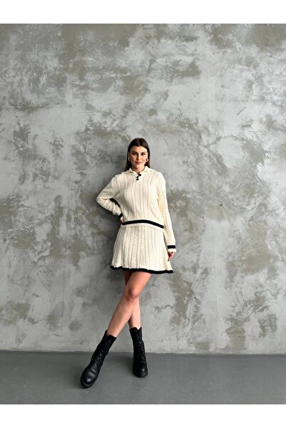 ZF BUTİK Γυναικείο Σετ Πλεκτό με Κουμπιά Πόλο Λαιμόκοψη και Φούστα