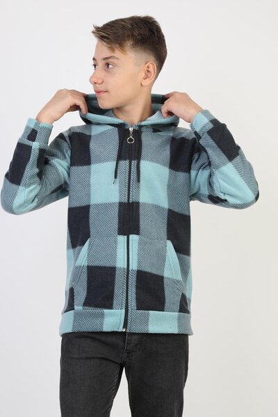 NEWKİDS Hooded Zippered Plaid Patterned Long Sleeve Boys Cardigan