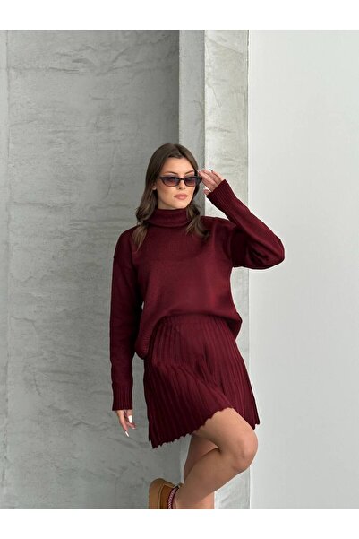 ZF BUTİK Women's Knitwear High Neck Sweater Skirt Set