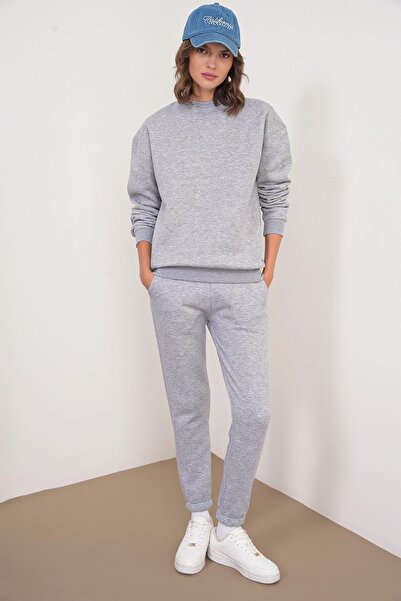 Mixray 2024 Women's 100% Cotton 3 Thread Fleece Inside Top and Bottom Set Gray