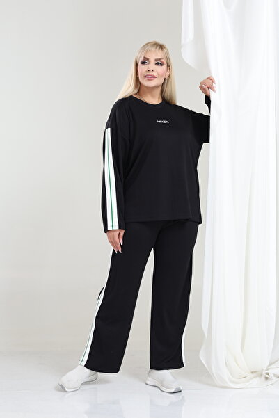 şuranur Women's Plus Size Long Sleeve Stripe Detailed Osho Style Modal Fabric Set