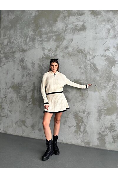 ZF BUTİK Women's Knitwear Buttoned Polo Neck Skirt Suit