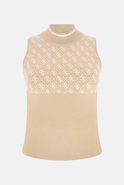 Guess Γυναικείο πλεκτό μπλουζάκι με ψηλό γιακά - Κρεμ