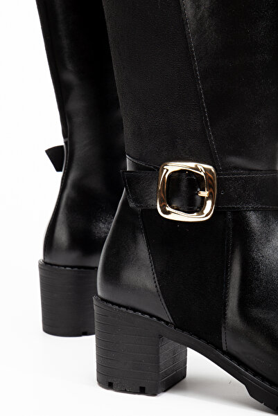 RİSSOLİ Γυναικείες μαύρες γυαλιστερές μπότες με λεπτομέρεια από σουέτ με αγκράφα