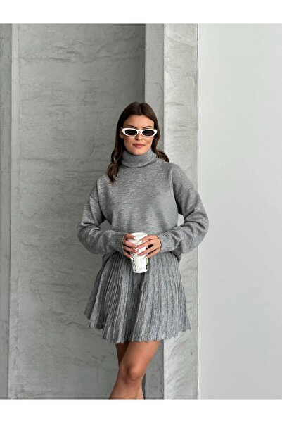 ZF BUTİK Women's Knitwear High Neck Sweater Skirt Set