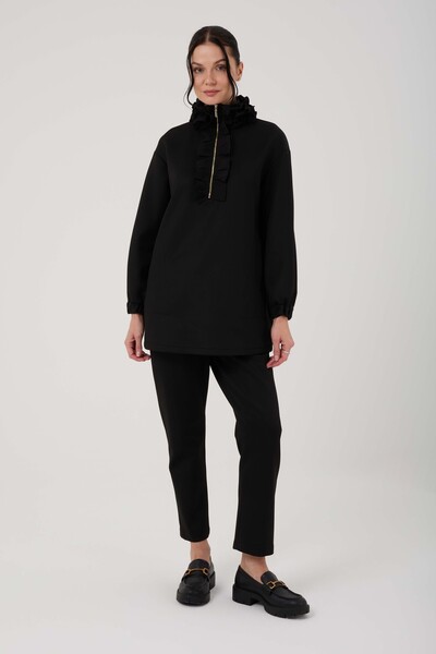 Jupe Kadın Kumaş İşlemeli Yaka Yarım Fermuarlı İpek Scuba İkili Takım 8567