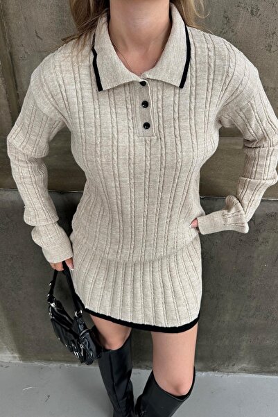 mylove Polo Neck Stripe Knitwear Skirt Set Stone