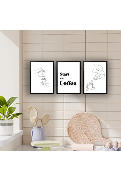 Humay Art Modern Çerçeveli Tablo Seti Caffeine Start - Üçlü Set