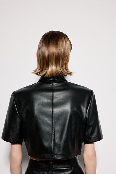 rue Single Pocket Black Leather Crop Shirt