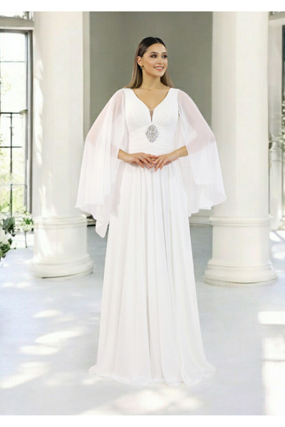 FaBe Fashion PELERİN KOLLU BELİ TAŞ AKSESUARLI DRAPELİ KALP YAKA BEYAZ ŞİFON  Nikah Nişan ve Dış Çekim Elbisesi
