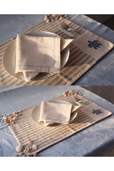 Elegancembroidery Peçeteli Amerikan Servisi, Nakışlı Cepli Takım (4'lü Set)