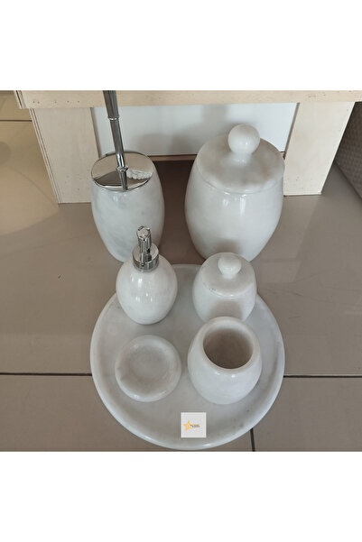 STARMARBLE Afyon Beyaz Mermer Krom Aparatlı Şehzade Başlı 7'li Banyo Seti