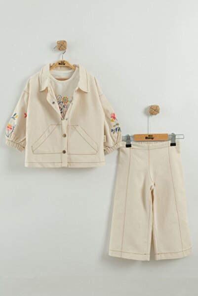 Mini Baray Girl's Floral Embroidered Jacket and Pants 3-Piece Set (2-3-4-5 Years Old)