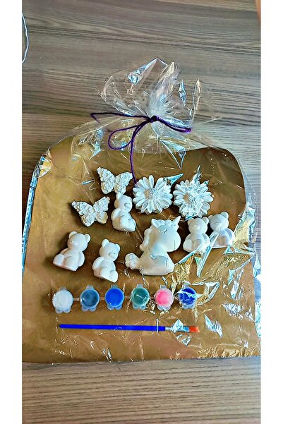 MARİN Çocuklar için boyama etkinlik seti 10 adet biblo 1 adet fırça 1 adet 6 lı akrilik boya