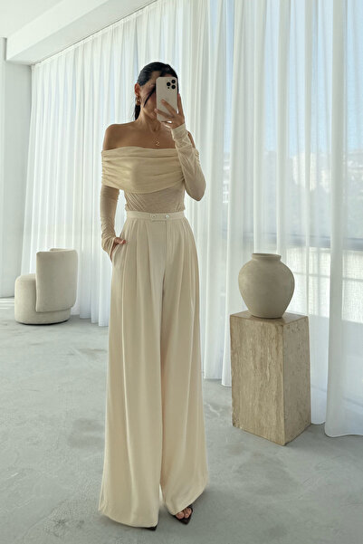 Seda Yalçın Atelier Bej Pileli Palazzo Pantolon