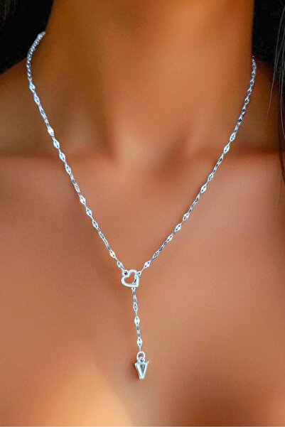 Atolyezone V Harfi 316l Paslanmaz Çelik Kolye Kalpli Dekolte Yeni Sezon Kişiye Özel Kolye Hediye Kutulu