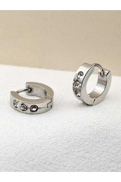 Siya Silver Non-Tarnish Steel Row Zircon Stone Minimal Earrings-14 mm