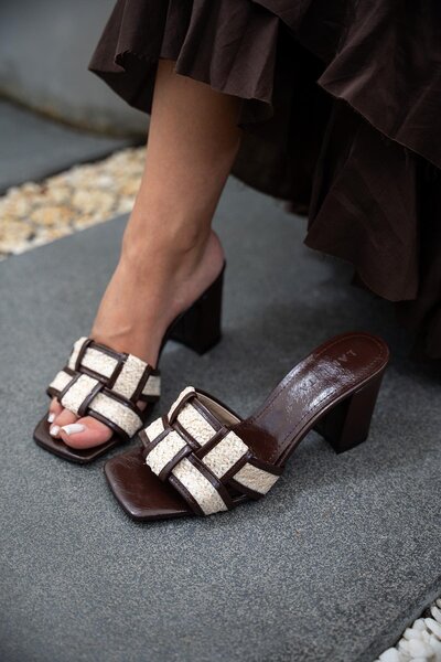 LamintaGlobal Amara Bitter Brown Knitted Straw Detailed Women's Heeled Slippers