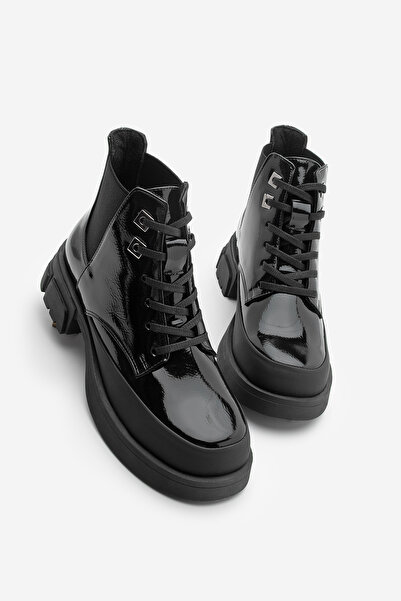 Marjin Women's Lace-Up Elastic Thick Heeled Short Boots Kenvo Black Patent Leather