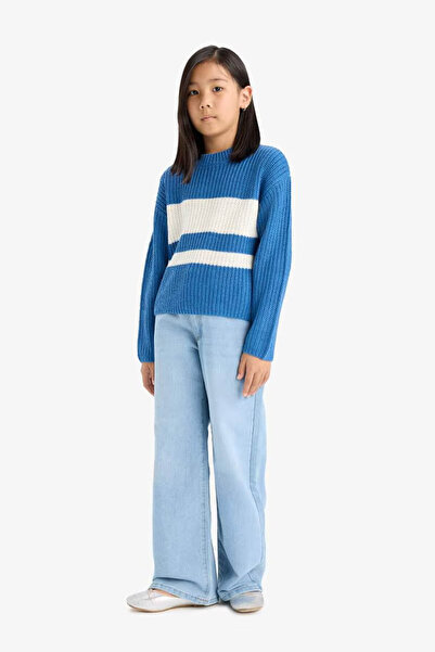 DeFacto Standard Fit Crew Neck Striped Knitwear Blue Girls' Sweater E7735A8/Be389