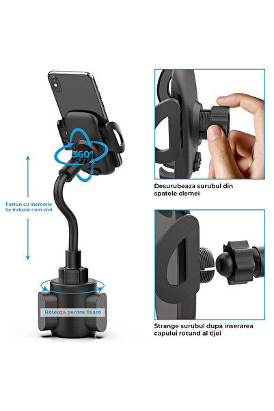 Elindor ® Universal Car Phone Holder for Cup Holder, Adjustable Arm, 360° Rotation, Black