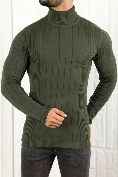 meday Clothing Men's Turtleneck Vertical Striped Fit Knit Sweater