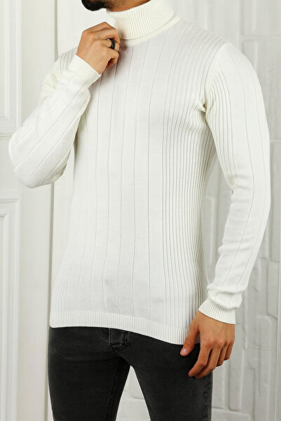 meday Clothing Men's Turtleneck Vertical Striped Fit Knit Sweater