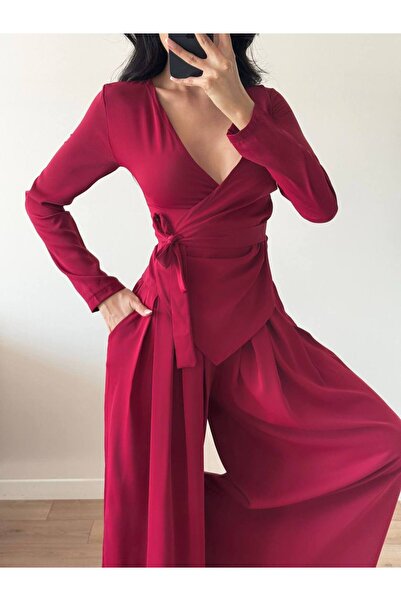 LOCH BUTİK Women's Burgundy Double Breasted Collar Tie Pleated Pants Two Piece Set