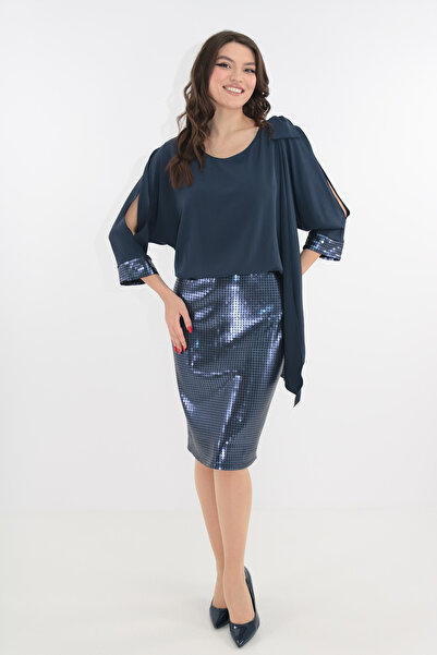 Vanessa Line RO Navy blue occasion dress with veil and sequins