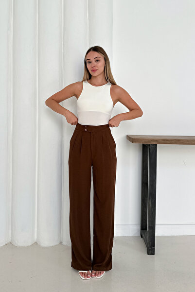 MİROR Women's Brown Ayrobin Fabric High Waist Wide Leg Pleated Trousers
