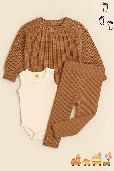 LilJoy Baby 3-Piece Set Winter 3-Piece Baby Set Sweater Leggings Bodysuit Brown