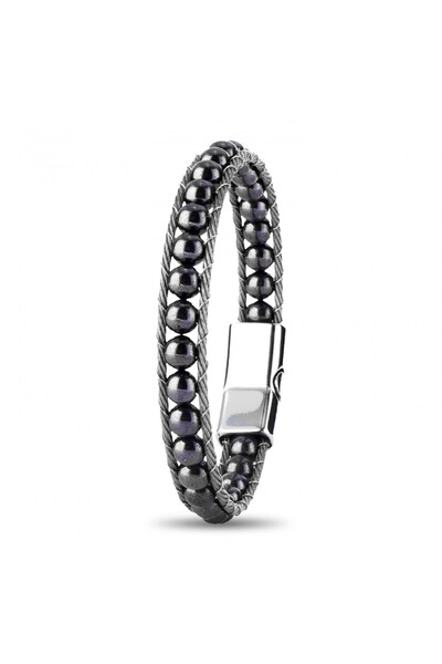 FM Hematite Natural Stone and Steel Rope Braided Bracelet 31832B2Dh2