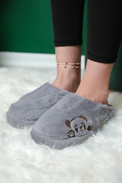 Oksit Panda Embroidered Women's House Slippers Plush Slippers Dowry and Bundle Slippers Do Not Make Noise Thick Sole