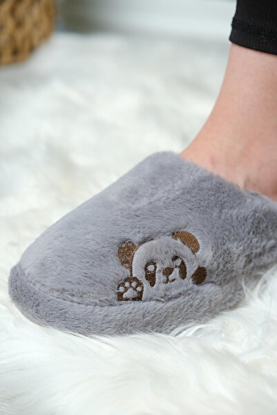 Oksit Panda Embroidered Women's House Slippers Plush Slippers Dowry and Bundle Slippers Do Not Make Noise Thick Sole