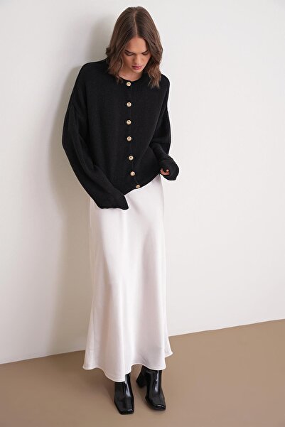 Mixray 6956 Women's Stone Button Detailed Knitwear Soft Cardigan Black