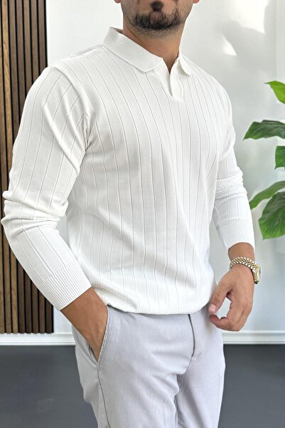 Edwox Чоловічий светр з відкритим коміром, стандартний крій, білий Edw412