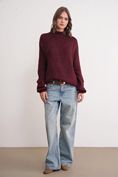 Mixray 6700 Γυναικείο πλεκτό πουλόβερ με ψηλό γιακά μπαλόνι μπορντό