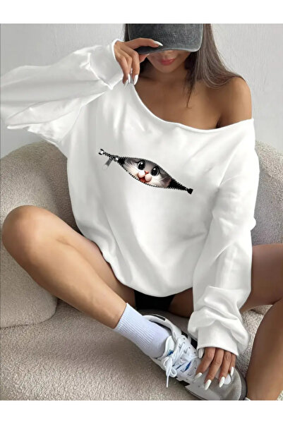 MELADYAN Kadın düşük kol kedi baskılı oversize sweetshirt